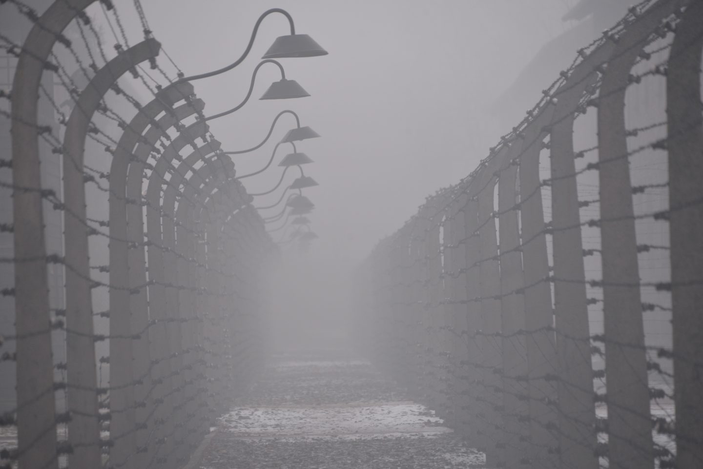 Postes y alambrada en Auschwitz.