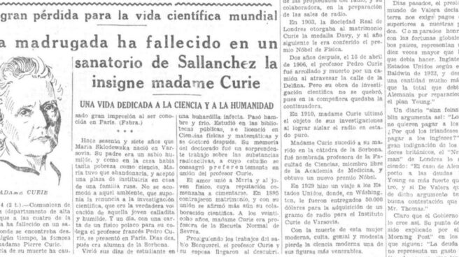 La muerte de Marie Curie en el diario La Voz, 1934