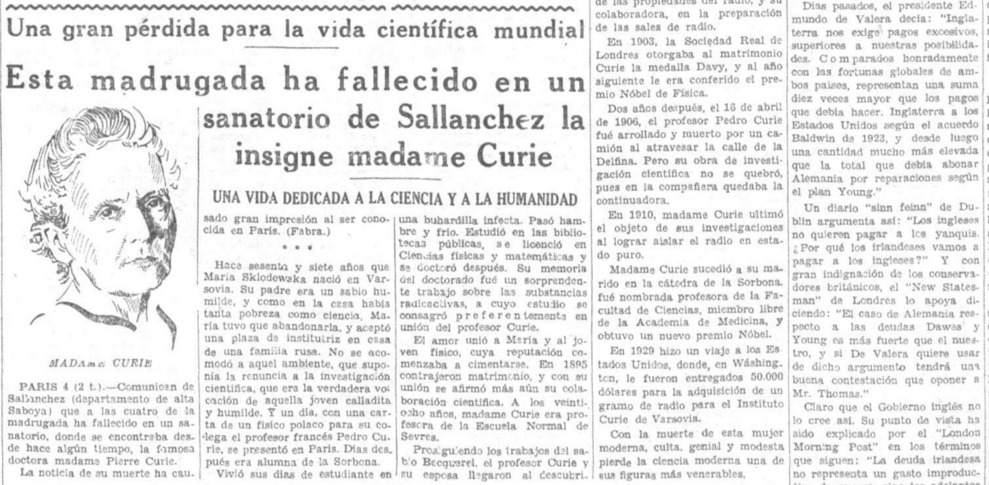 La muerte de Marie Curie en el diario La Voz, 1934