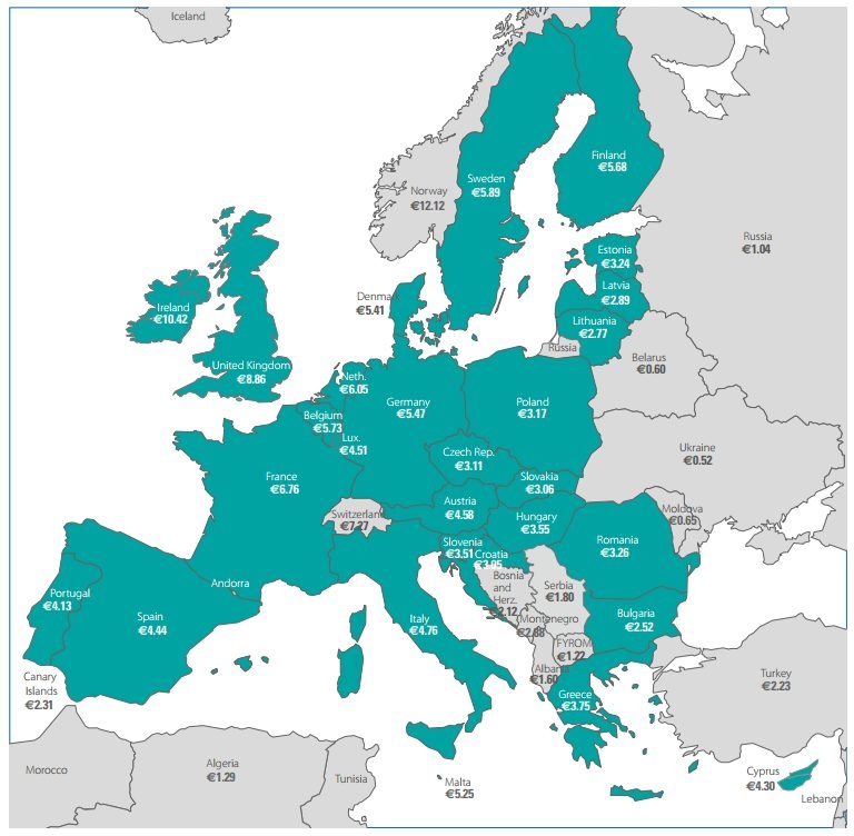 En verde los países que pertenecen a la UE, en gris los que no.