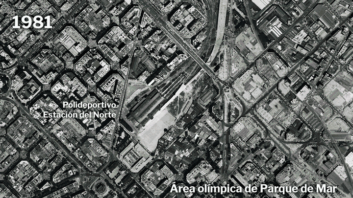 Evolución de la localización del Polideportivo Estación Norte, en el Área olímpica de Parque de Mar de Barcelona 1992.