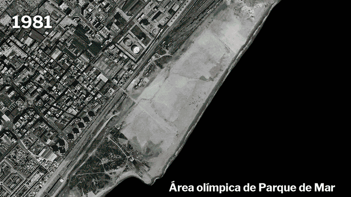 Evolución de la localización del Pabellón de la Mar Bella, en el Área olímpica de Parque de Mar de Barcelona 1992.