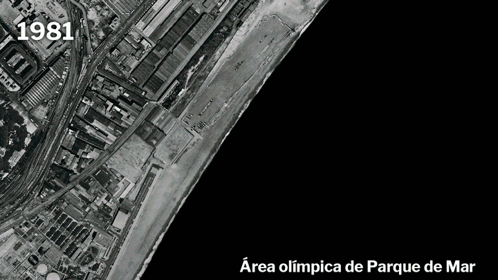 Evolución de la localización del Pabellón de la Mar Bella, en el Área olímpica de Parque de Mar de Barcelona 1992.