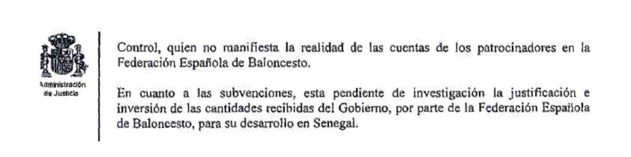 Detalle del auto en el que el juez confirma que investigará las ayudas para Senegal.