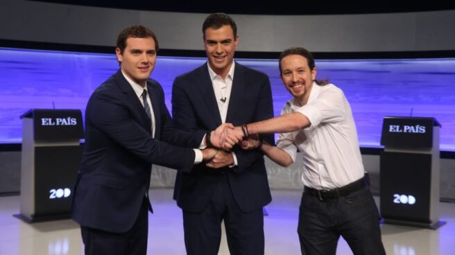 Rivera, Sánchez e Iglesias, durante un debate electoral.