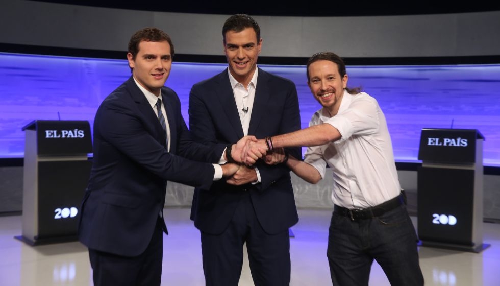 Rivera, Sánchez e Iglesias, durante un debate electoral.