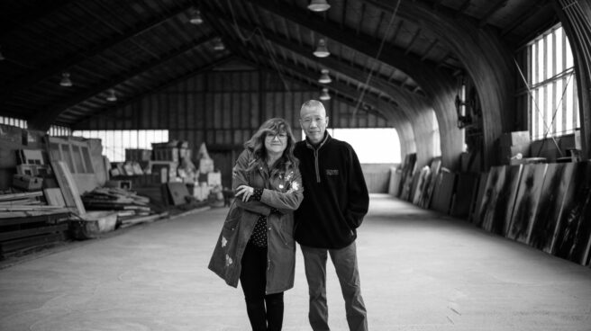 Isabel Coixet y Cai Guo-Qiang en el estudio del artista en New Jersey, USA. Mayo 2017