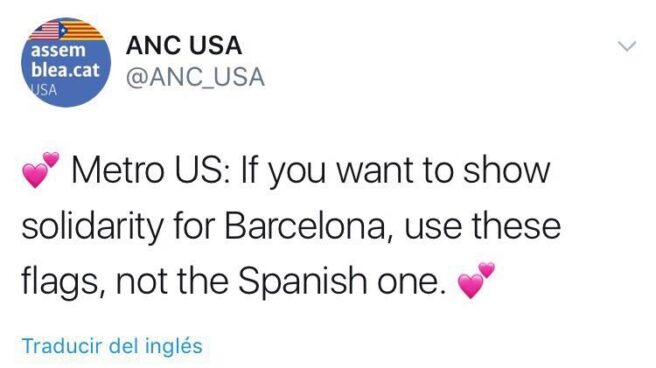 La ANC pide que no se utilice la bandera de España para solidarizarse con el atentado de Barcelona.