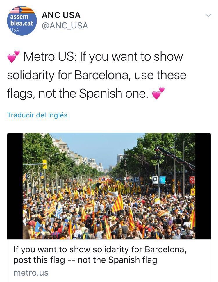 La ANC pide que no se utilice la bandera de España para solidarizarse con el atentado de Barcelona.