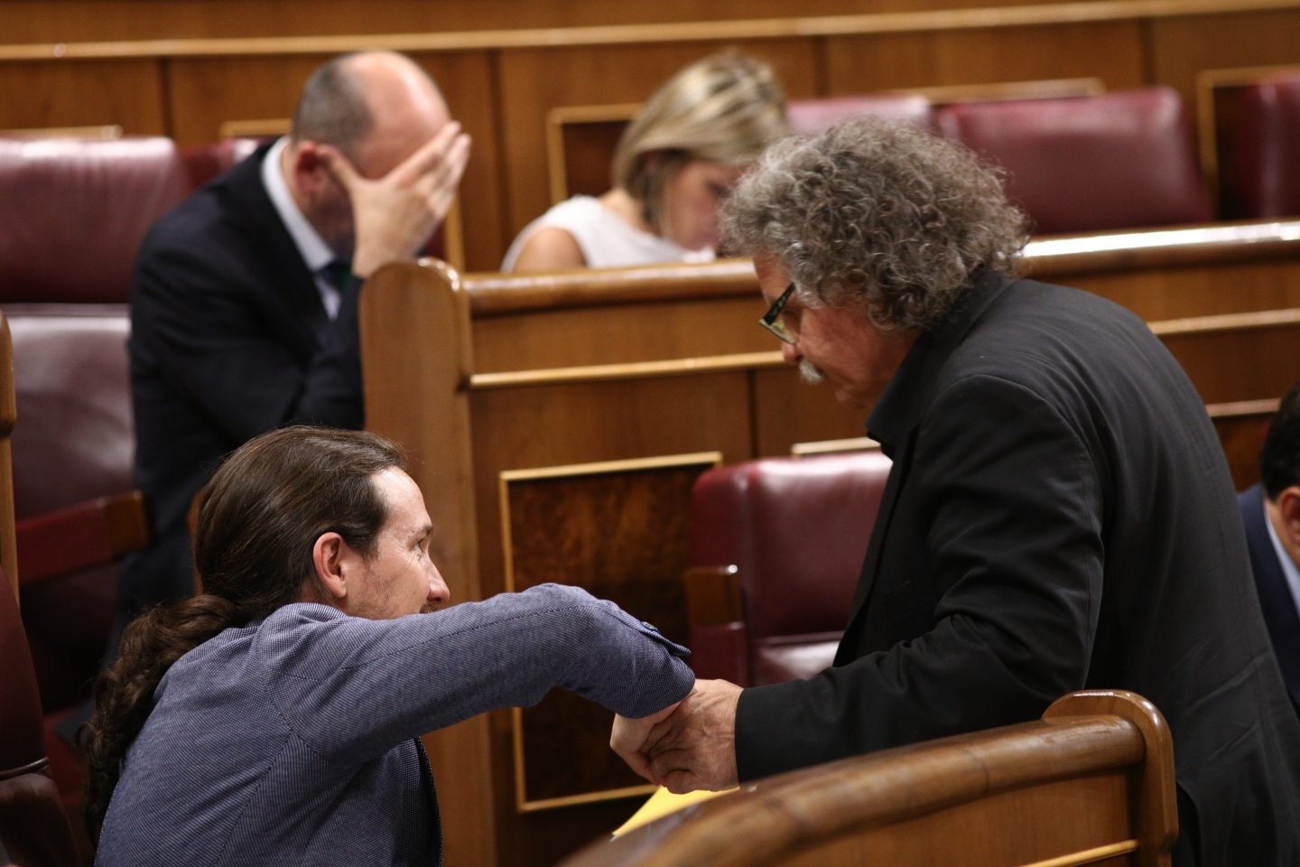 Pablo Iglesias (Podemos) y Joan Tardá (ERC) se saludan en el Congreso de los Diputados.