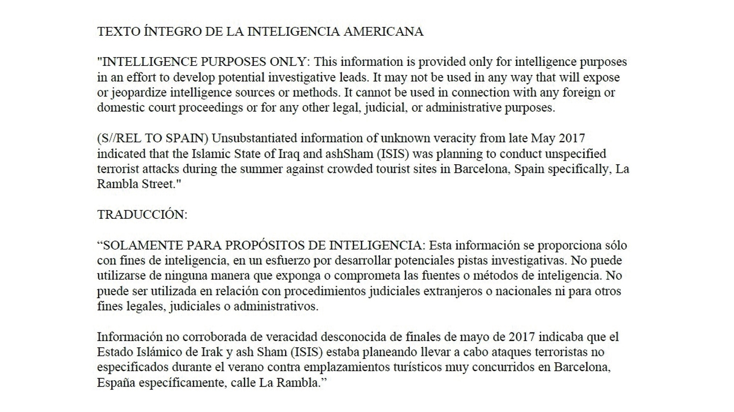 Texto íntegro de la inteligencia americana sobre el atentado de La Rambla