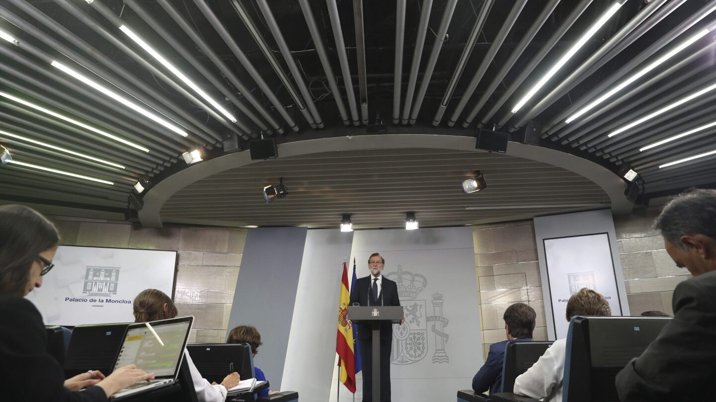 Mariano Rajoy, durante su comparecencia en el Palacio de la Moncloa.