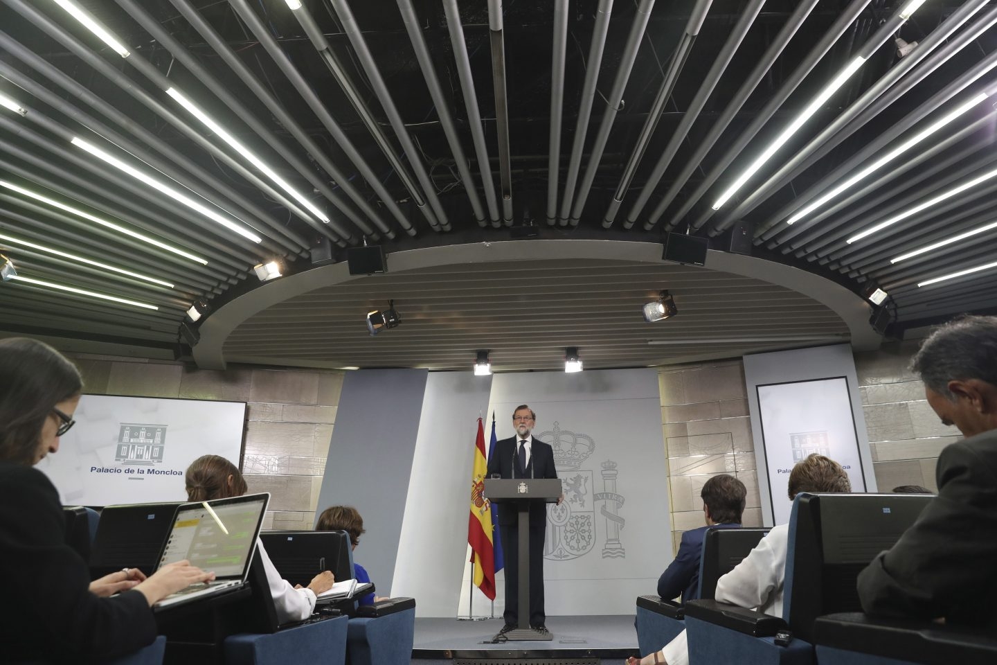 Mariano Rajoy, durante su comparecencia en el Palacio de la Moncloa.