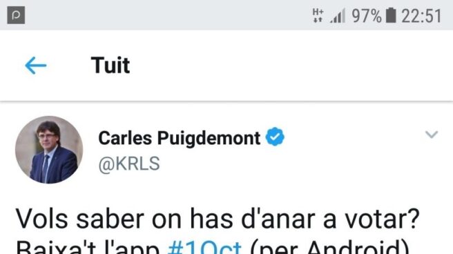 Tuit de Puigdemont para saber dónde se puede votar. Tuit de Puigdemont para saber dónde se puede votar.
