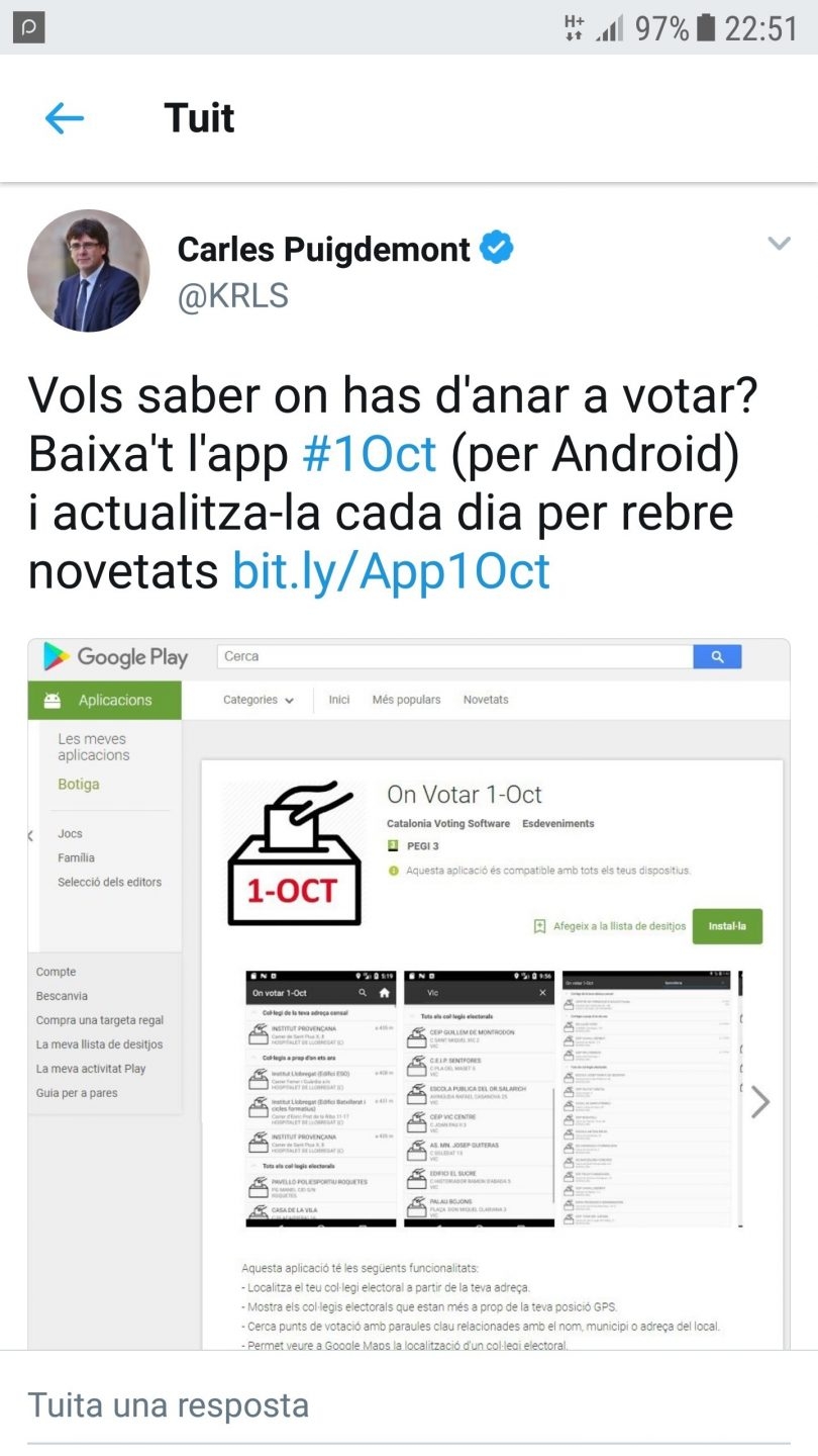 Tuit de Puigdemont para saber dónde se puede votar.