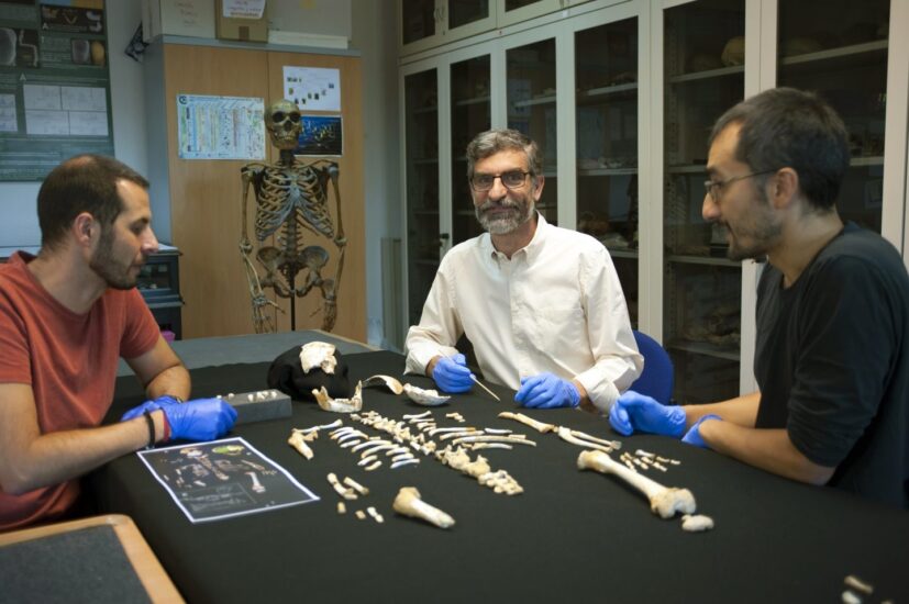 Antonio García-Tabernero, Antonio Rosas y Luis Ríos junto al esqueleto del estudio