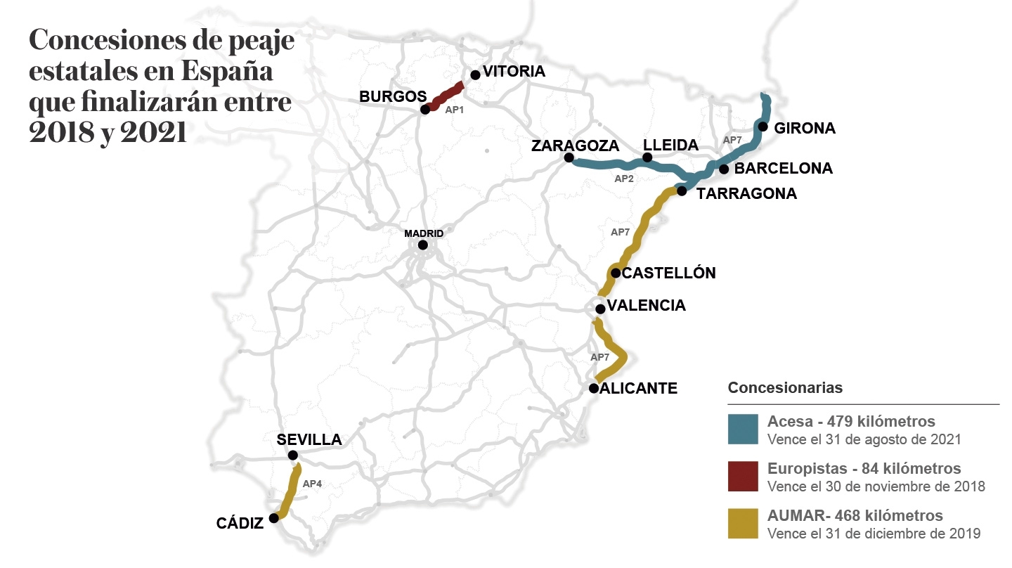 Concesiones de peaje estatales en España que finalizarán entre 2018 y 2021