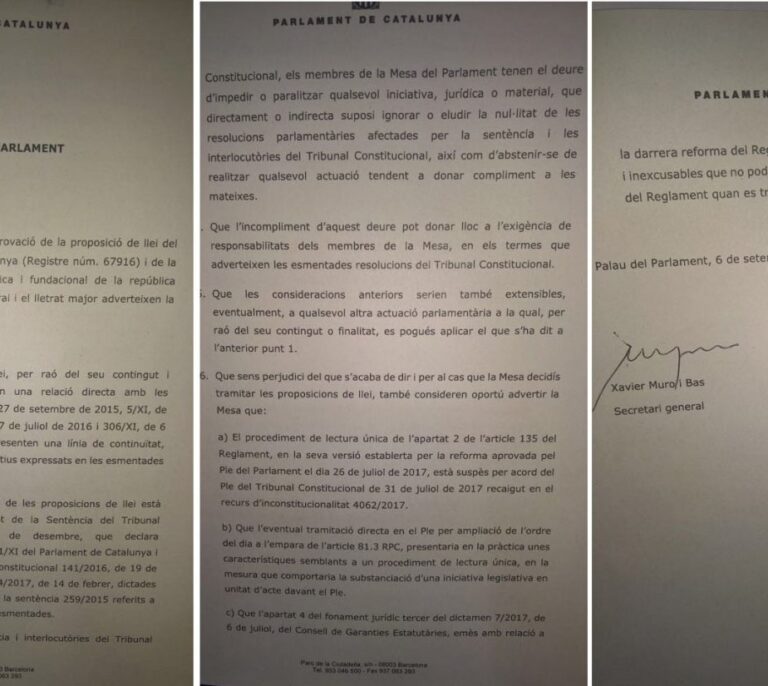 Los letrados del Parlament advierten a la Mesa de que se está desobedeciendo al TC