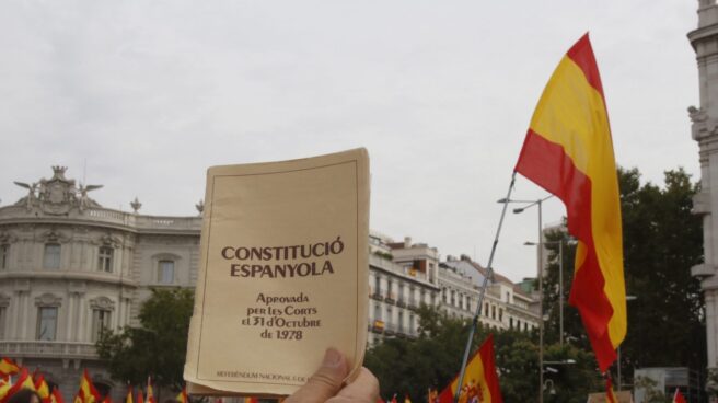 Simpatizantes de la Fundación para la Defensa de la Nación Española (DENAES), en la plaza de Cibeles durante la manifestación que protagonizaron hoy en Madrid contra el referéndum independentista del 1-O en Cataluña.