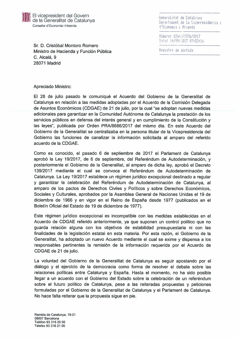 Carta dirigida este jueves por Oriol Junqueras al ministerio de Hacienda.
