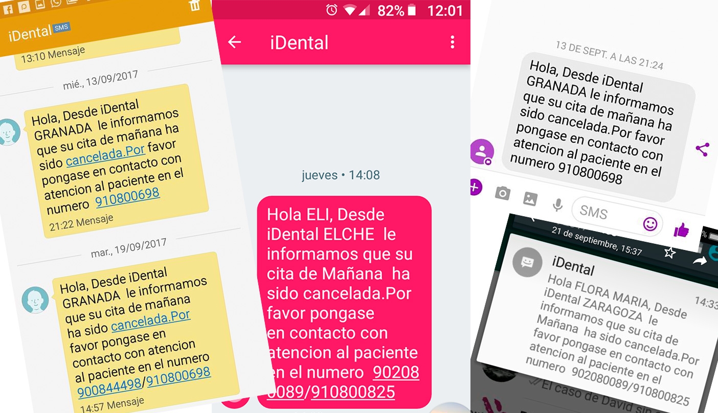 SMS enviados a usuarios de distintas clínicas con la cancelación de citas.