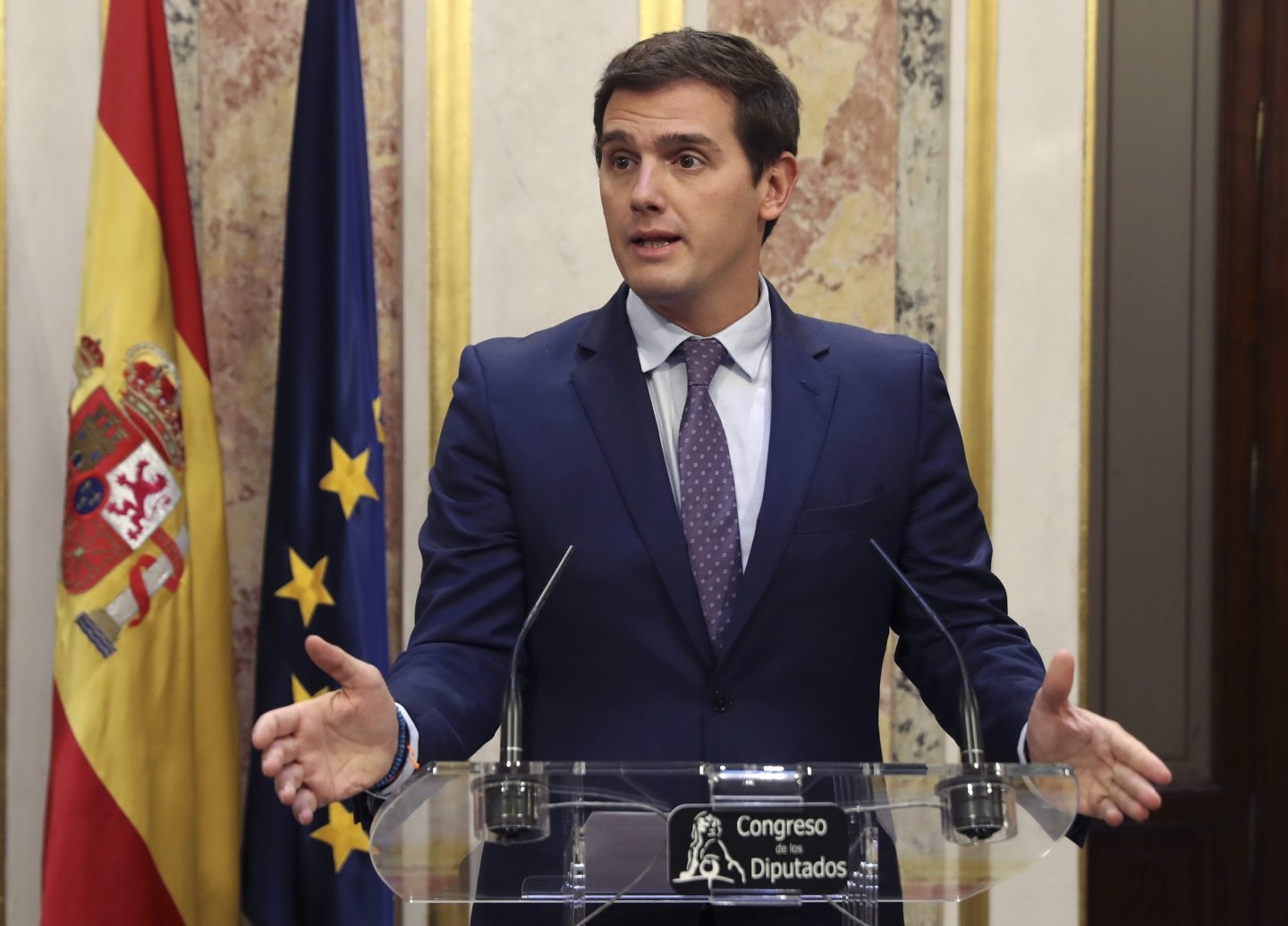 El presidente de Ciudadanos, Albert Rivera, durante su comparecencia.