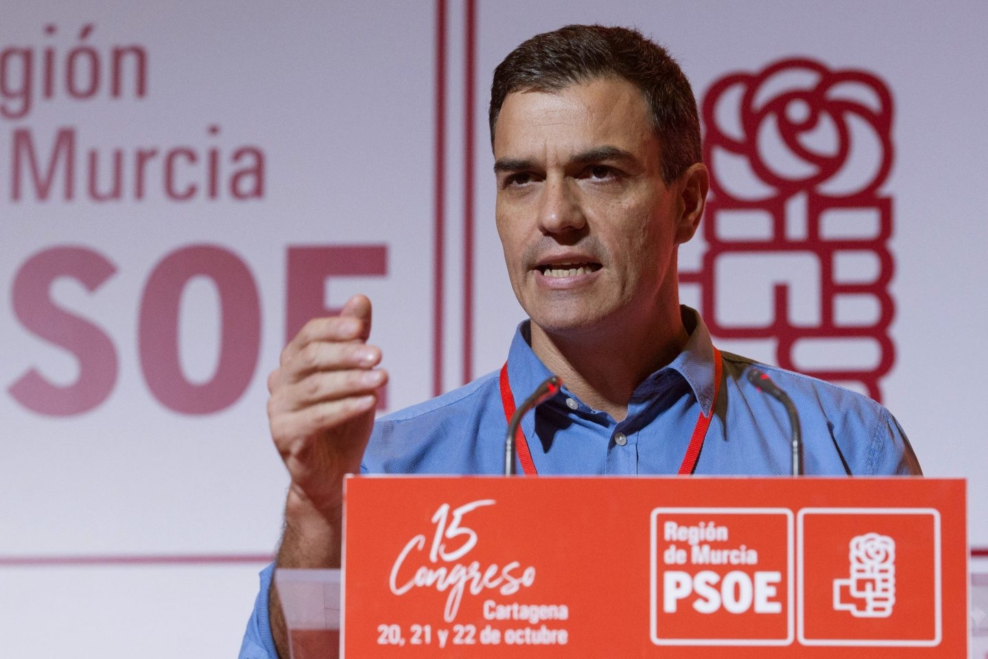 El secretario general del PSOE, Pedro Sánchez, en su intervención en Cartagena, Murcia.