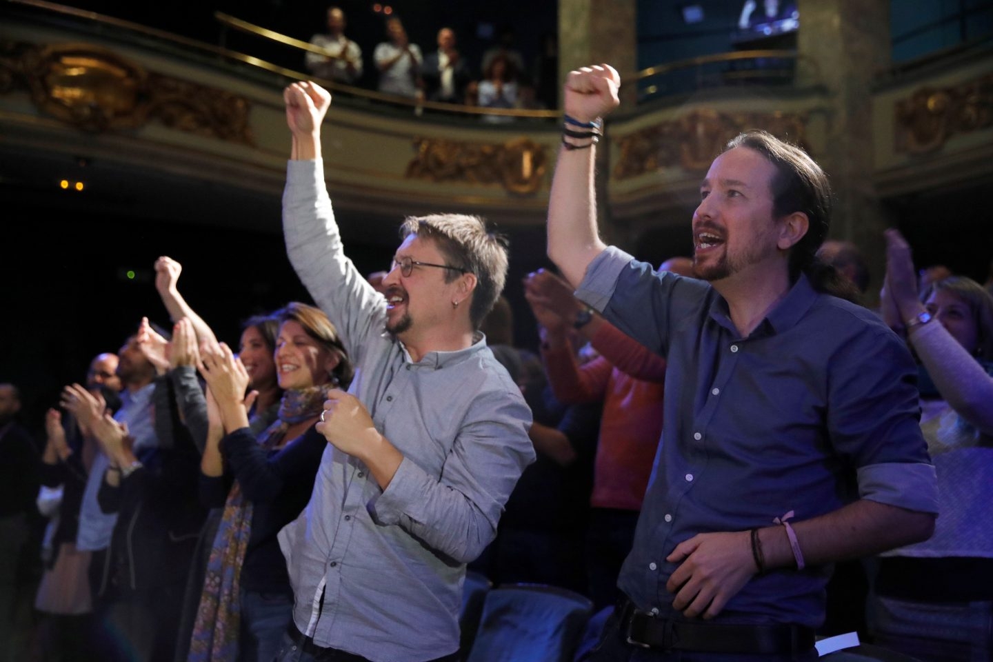 Pablo Iglesias y Xovi Domènech este lunes en el Círculo de Bellas Artes.