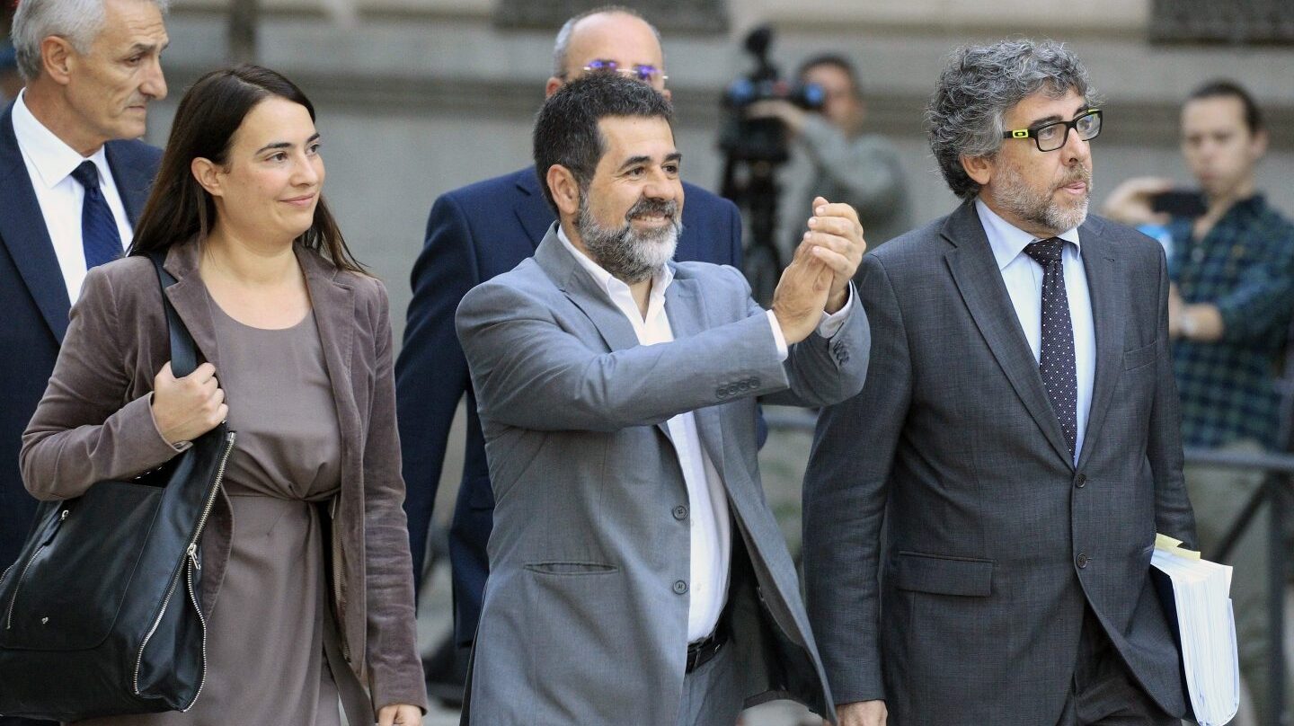 El presidente de la ANC, Jordi Sánchez, llegando este lunes a la Audiencia Nacional para declarar.