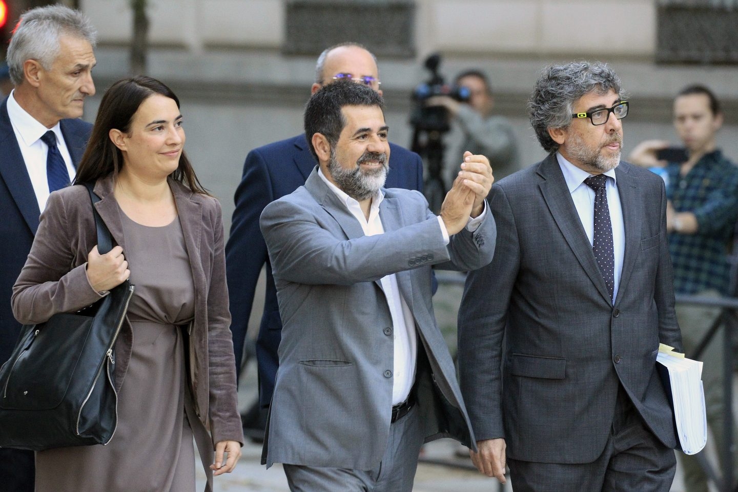 El presidente de la ANC, Jordi Sánchez, llegando este lunes a la Audiencia Nacional para declarar.