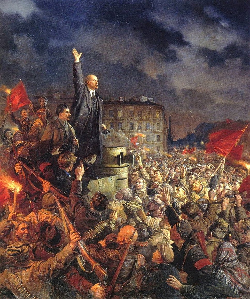 Lenin y Stalin en una pintura conmemorativa de la Revolución de Octubre.