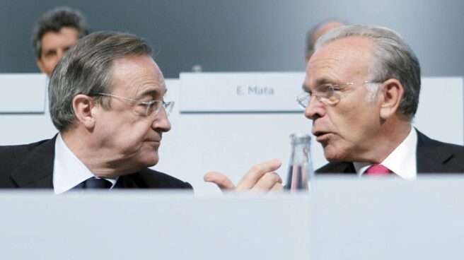 Perez_Faine El presidente de ACS, Florentino Pérez, y el presidente de Criteria Caixaholding, Isidre Fainé.