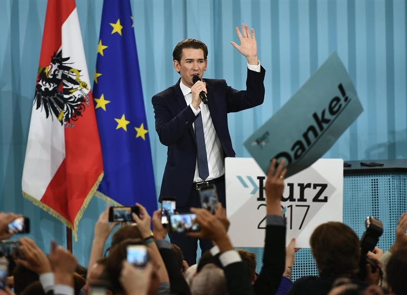 Sebastian Kurz, vencedor de las elecciones en Austria, saluda a sus segudores