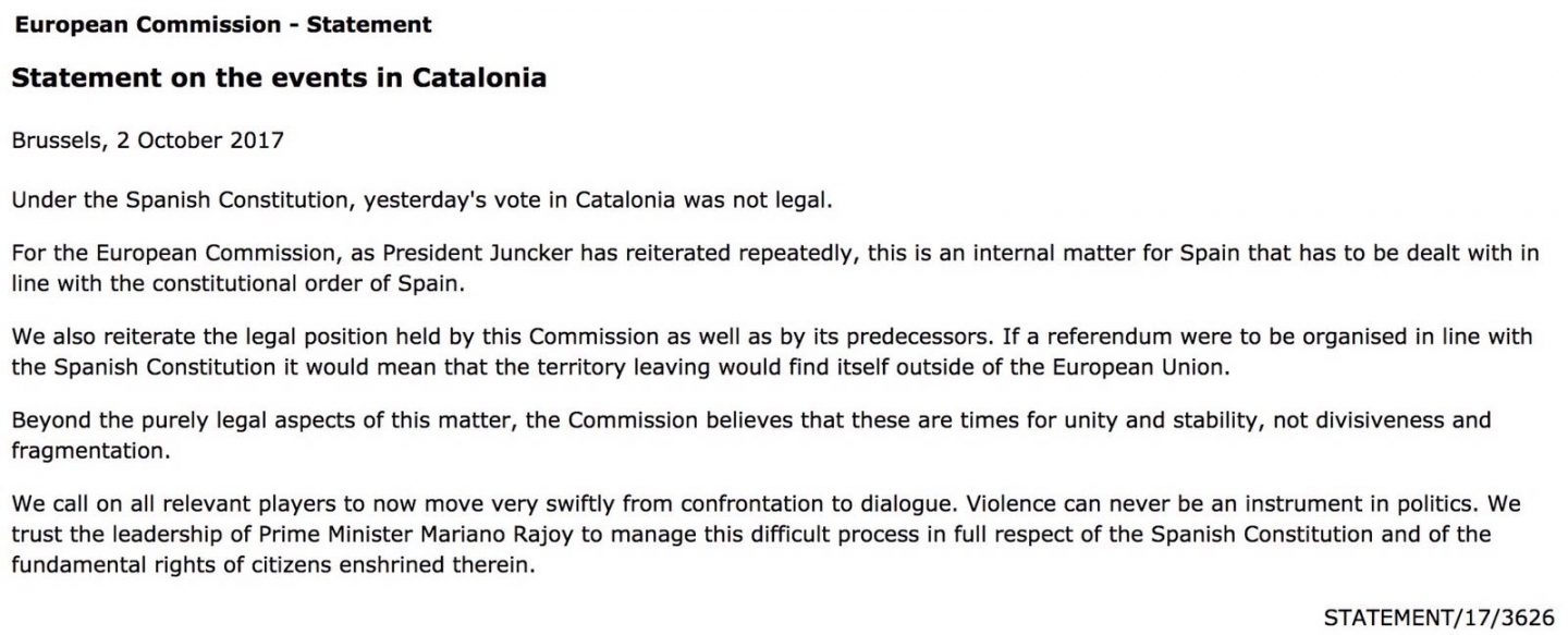 Comunicado de la Comisión Europea sobre el referéndum de Cataluña el 1-O.