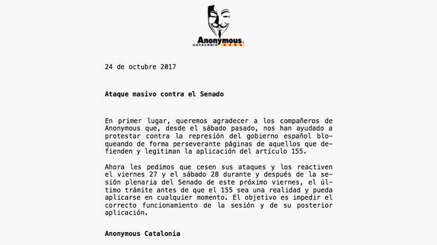 Comunicado en el que Anonymous Catalonia reconoce que intentará impedir el pleno del Senado de este viernes.