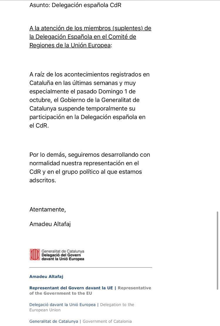Texto del e-mail enviado por Altafaj a los suplentes de la delegación española.