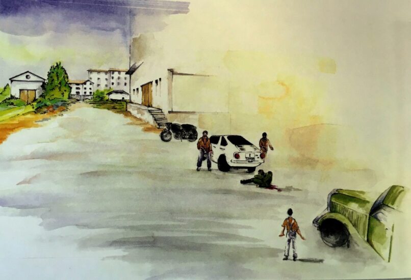 Dibujo realizado por un guardia civil sobre el atentado que acabó con el agente Jose Antonio Pardines el primero del cuepro asesinado por ETA.