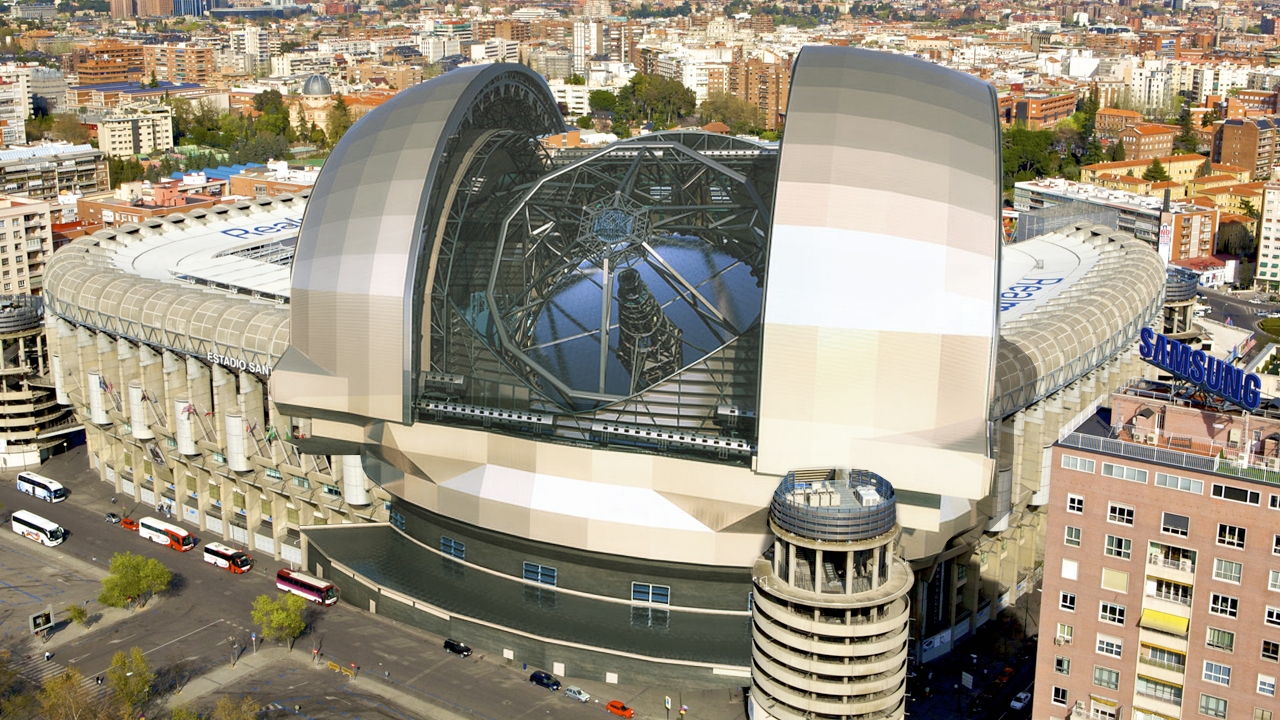 Fotomontaje del Telescopio Gigante ESO en comparación con el estadio Santiago Bernabeu