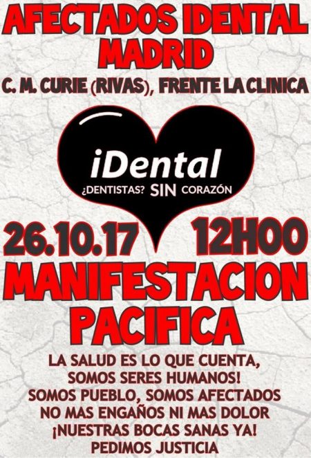 Cartel de la manifestación de afectados de iDental convocada en Madrid el 26 de octubre.