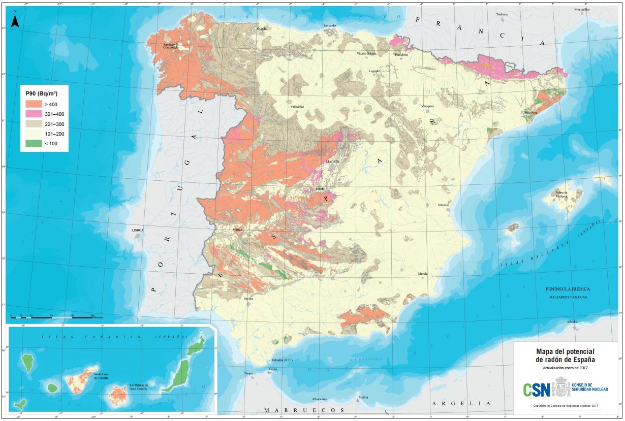 Mapa de concentración de radón en España.