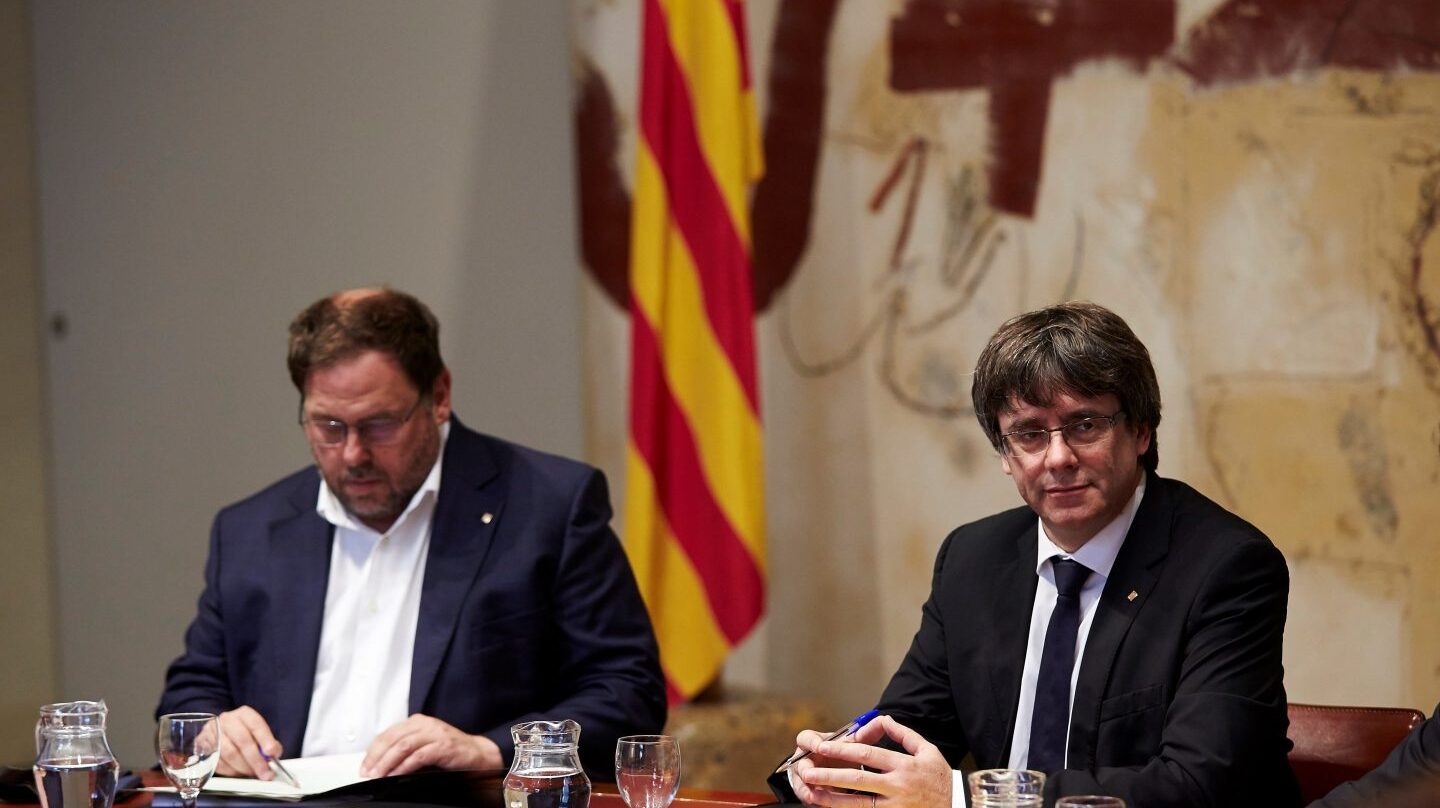 Junqueras y Puigdemont, en la reunión del Govern.