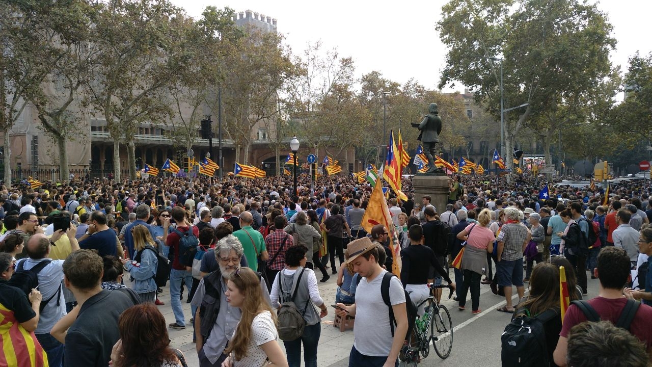 Decenas de miles de manifestantes escuchan a Forcadell a través de pantallas gigantes.