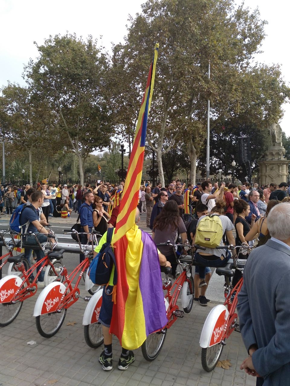 Un hombre con una estelada y la tricolor de la República el viernes frente al Parlament.