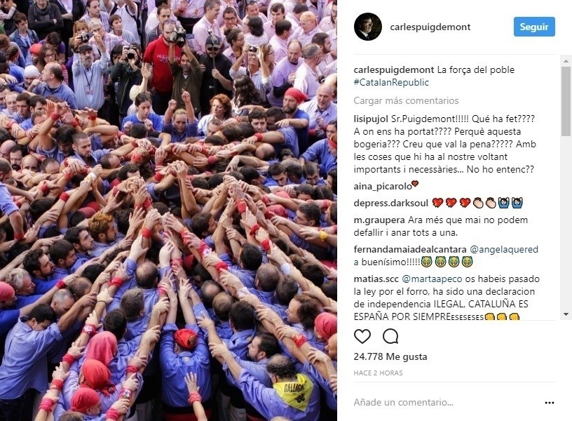 Mensaje de Puigdemont en las redes sociales dos días después de ser cesado.