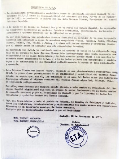 Comunicado de ETA con la reivindicación del asesinato de Carrero Blanco.