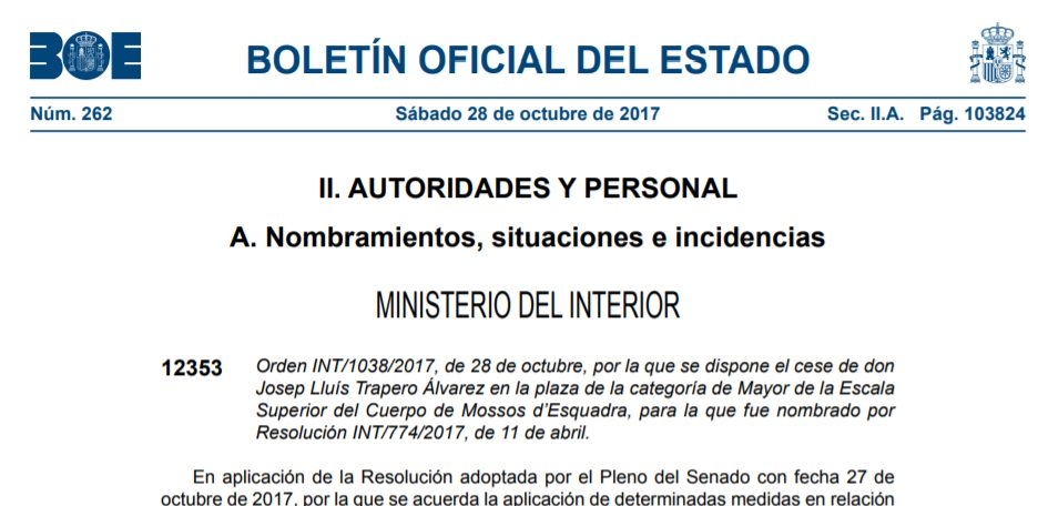 Publicación del cese de Trapero como mayor de los Mossos en el BOE.