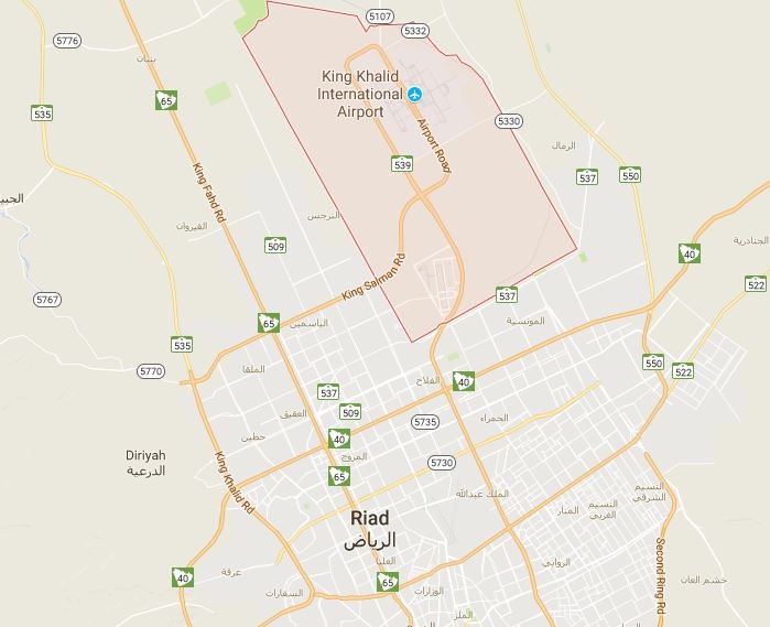 Localización del aeropuerto King Khalid, en Riad, capital de Arabia Saudí.