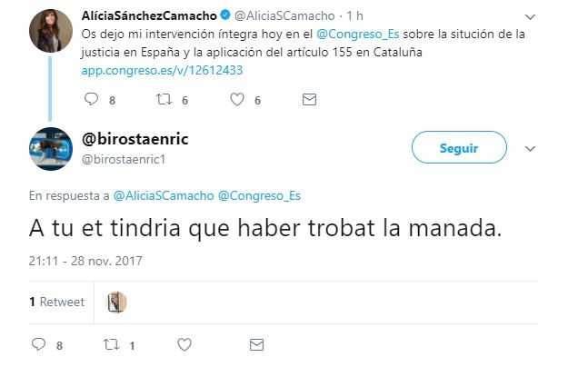 Captura de la amenaza a Alicia Sánchez-Camacho: "Te tendría que haber encontrado La Manada"