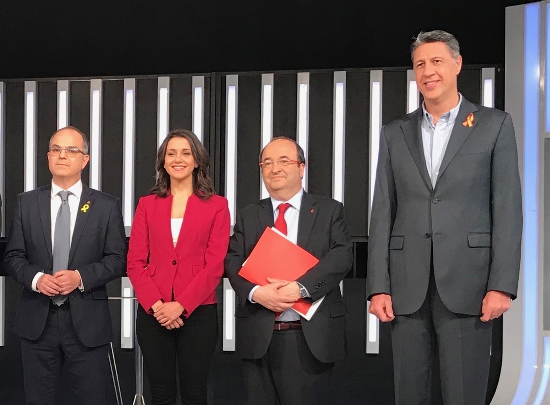 La candidata de Ciudadanos Inés Arrimadas, junto al de PSC; Miquel Iceta, el del PPC, y Xabier García Albiol.