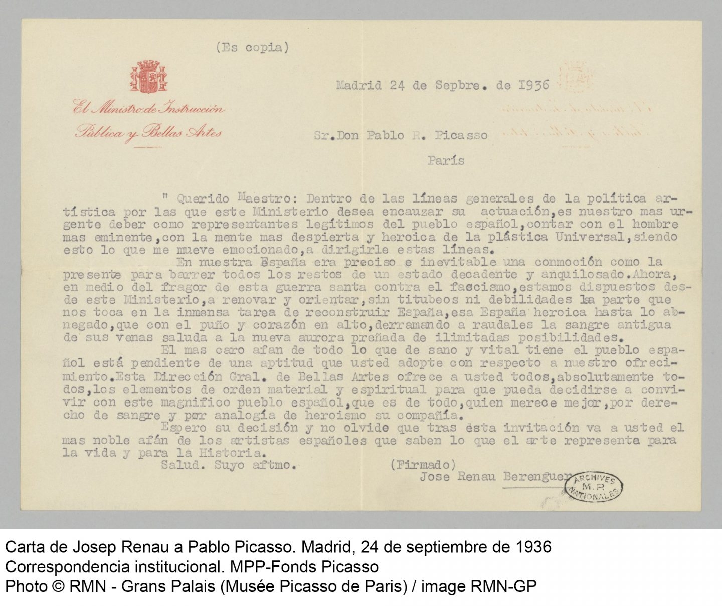 Carta de Jose Renau a Picasso.